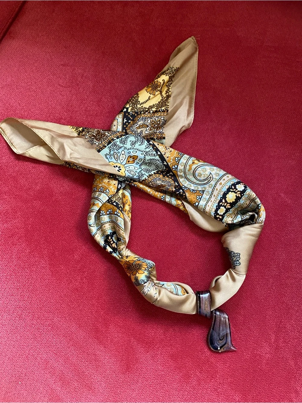 Repurposed glass pendant on new scarf! Tie to any length behind your neck.